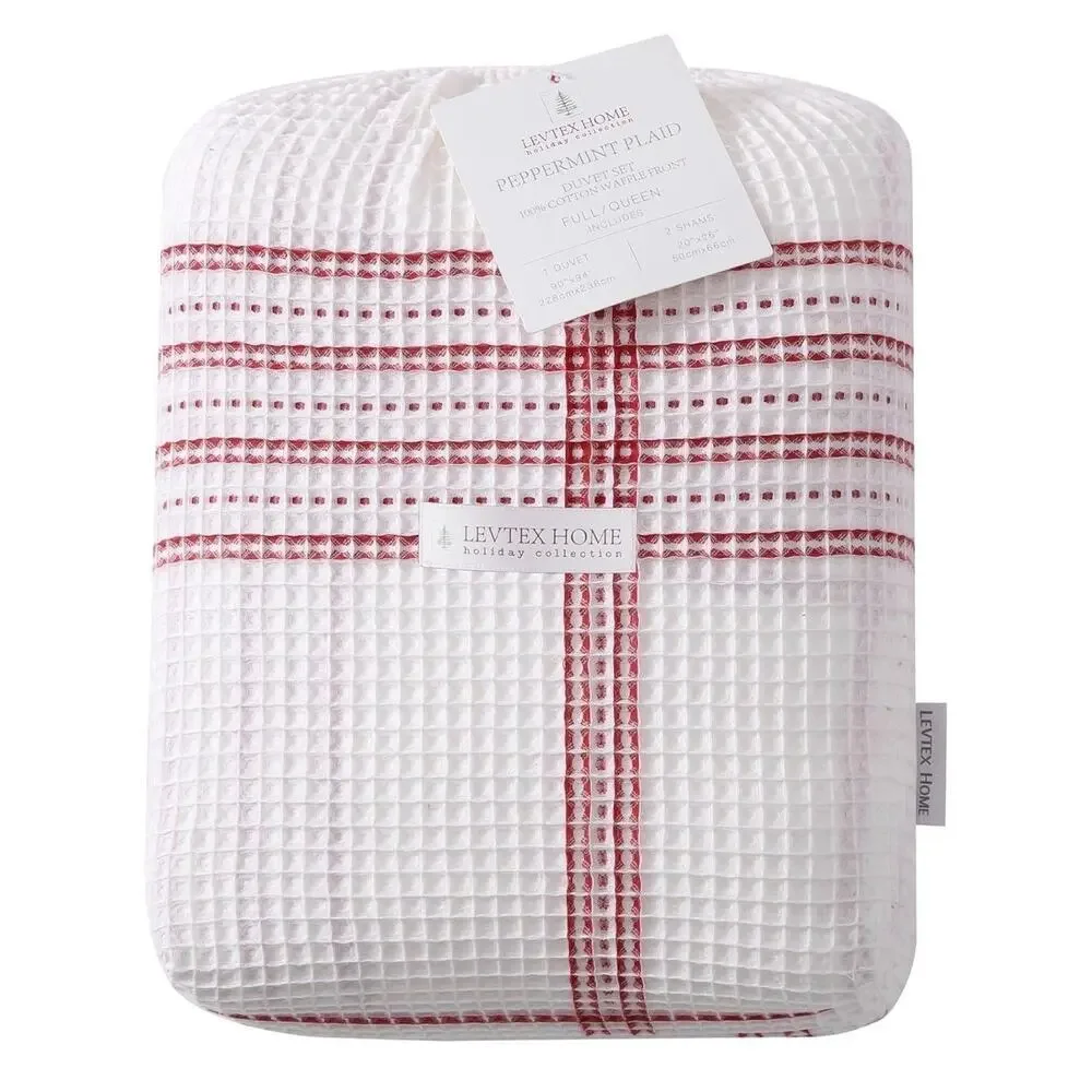 Levtex Peppermint Plaid Duvet Set Full Queen Red White Cotton Holiday NEW